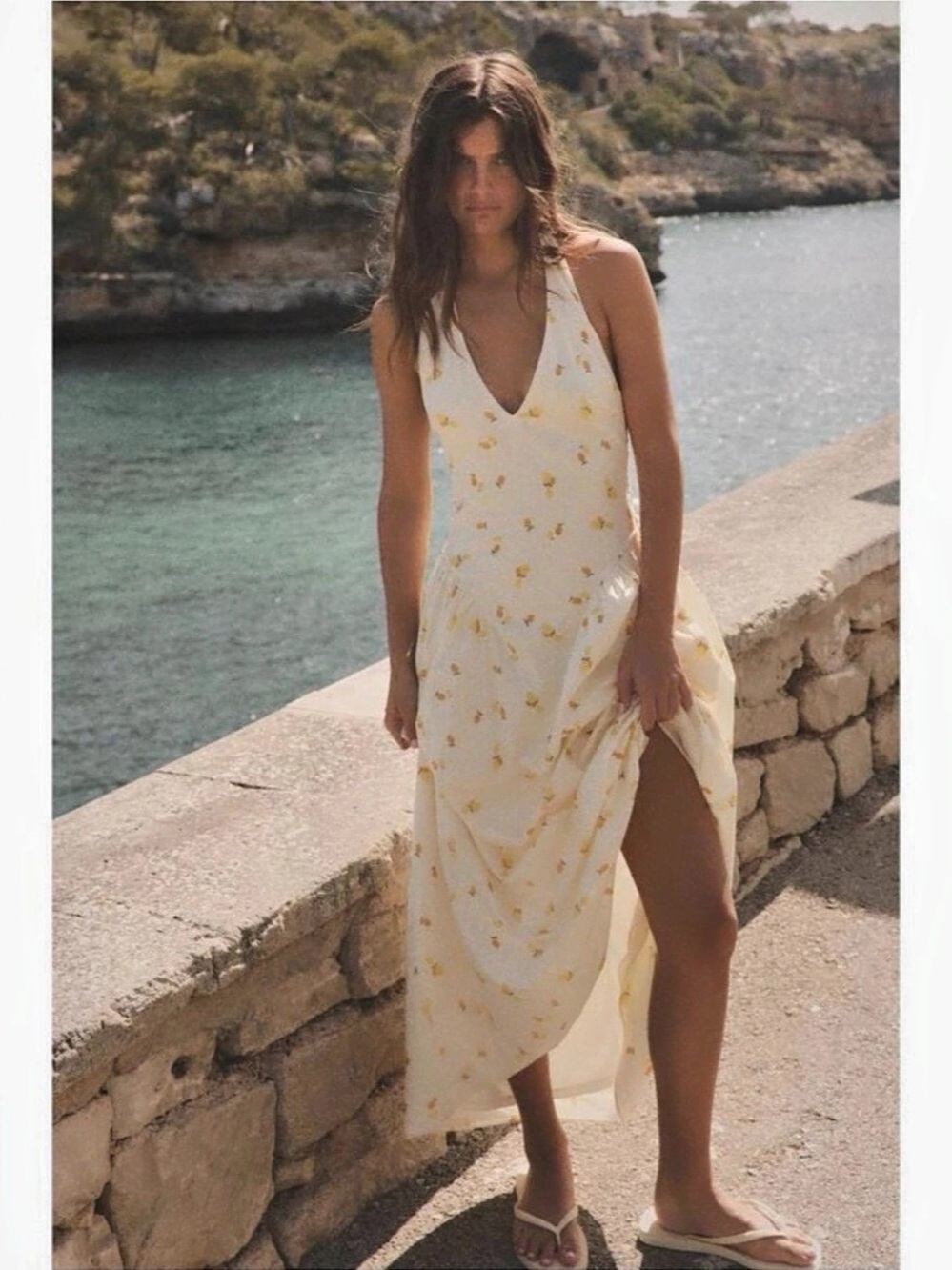 Zara Fruit Print Poplin Midi Dress size XS in Ecru/Yellow